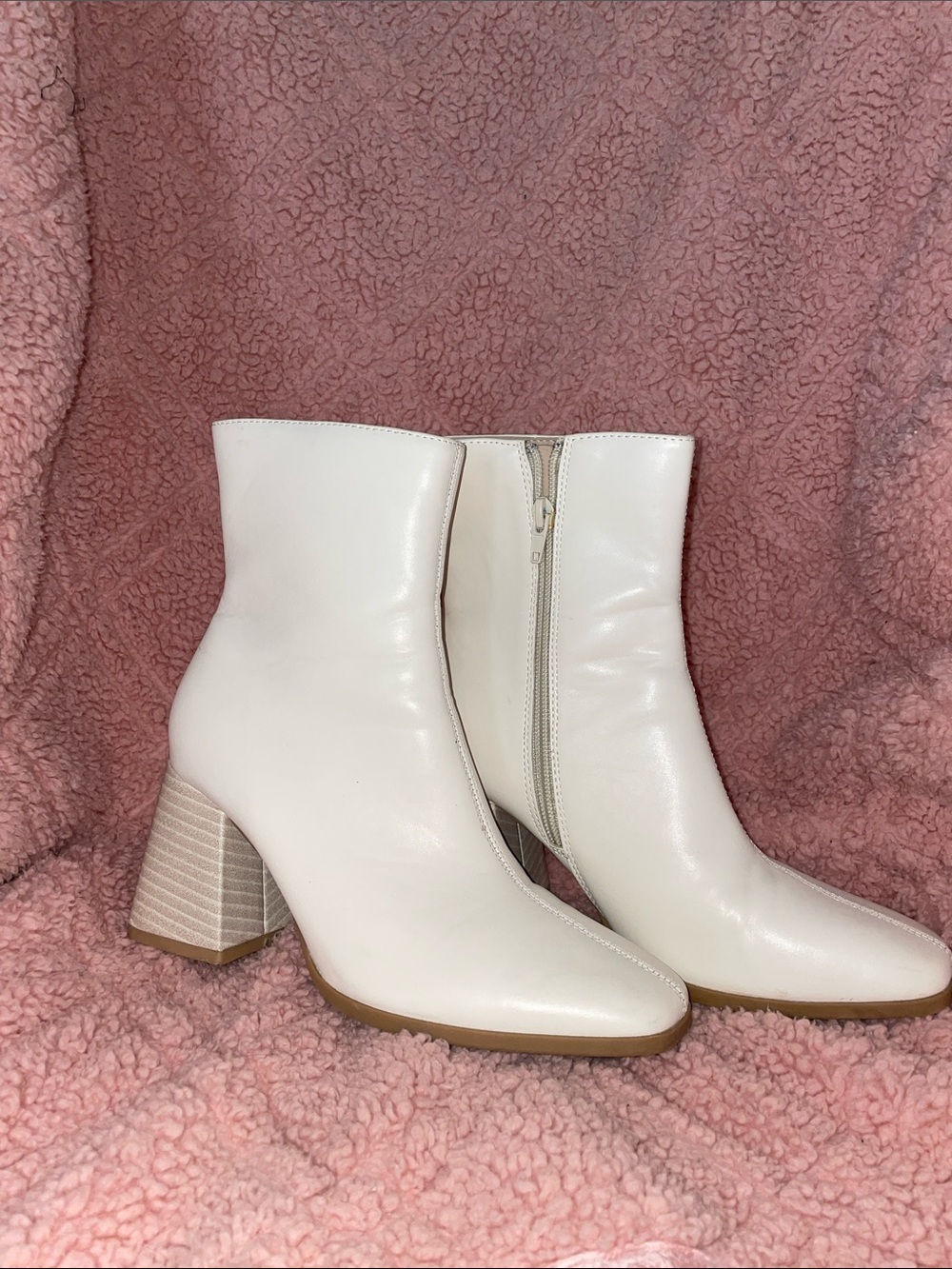 Lulu's Ivory Block Heel Ankle Booties with Side Zip